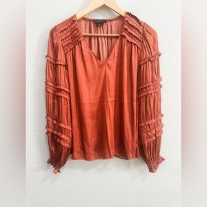 Anthropologie Current Air Terracotta Ruffle Blouse Small Textured Sleeves Blouse
